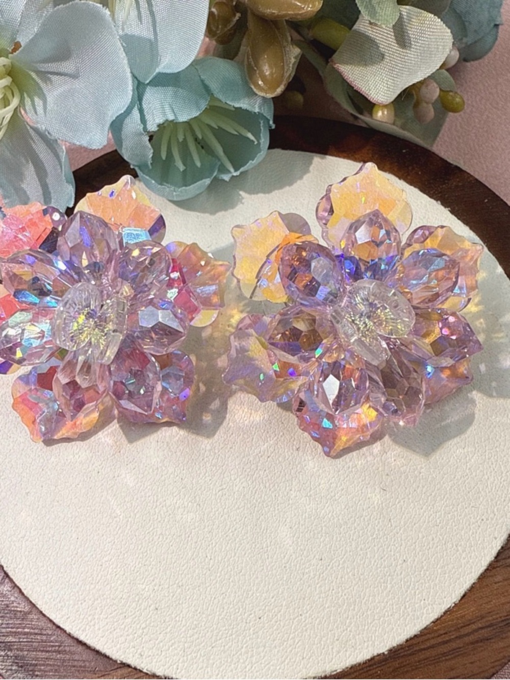 Iridescent Pink Crystal Flower Stud Earrings